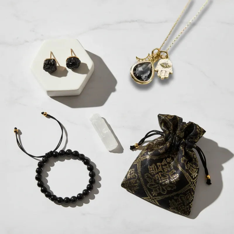 Protection set with black tourmaline and hamsa necklace in gold, protection symbol jewelry