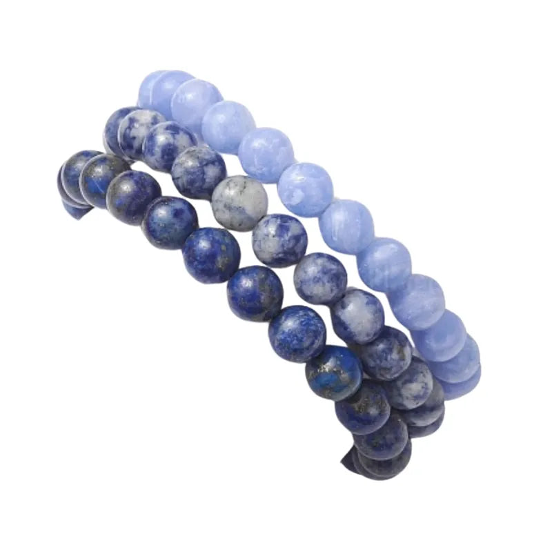 Sodalite and blue lace agate pearl bracelets stacked, front view