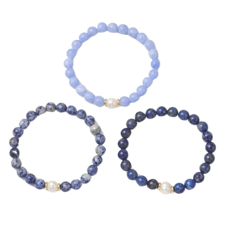 Light sodalite, dark sodalite and blue lace agate pearl bracelets, side view