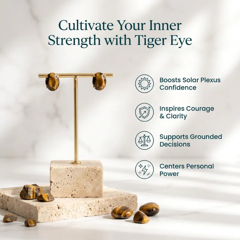 Tiger eye stones on a stand with text about their benefits on a light background