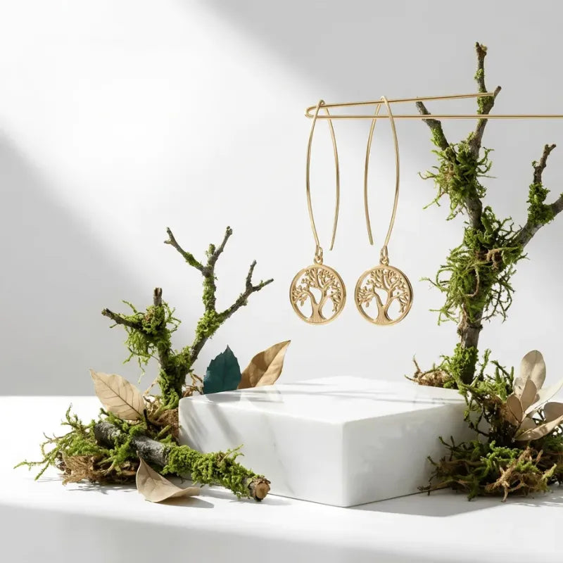 Gold tree-shaped earrings on a stand with natural elements on a white background