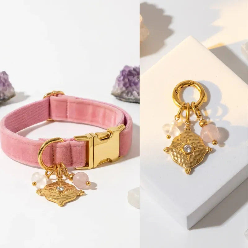 Pink dog collar with gold hardware and charms on a white background