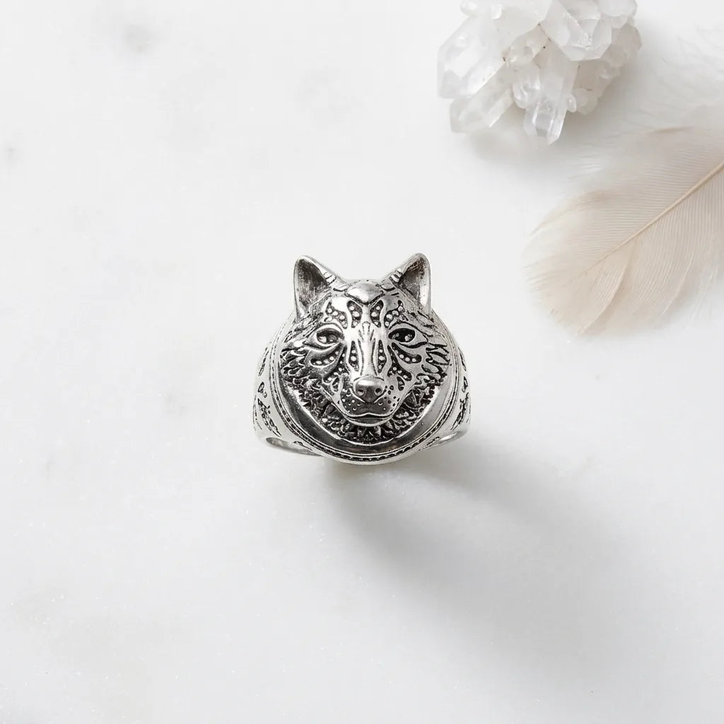 Silver wolf head pendant on a white background with crystals and feathers