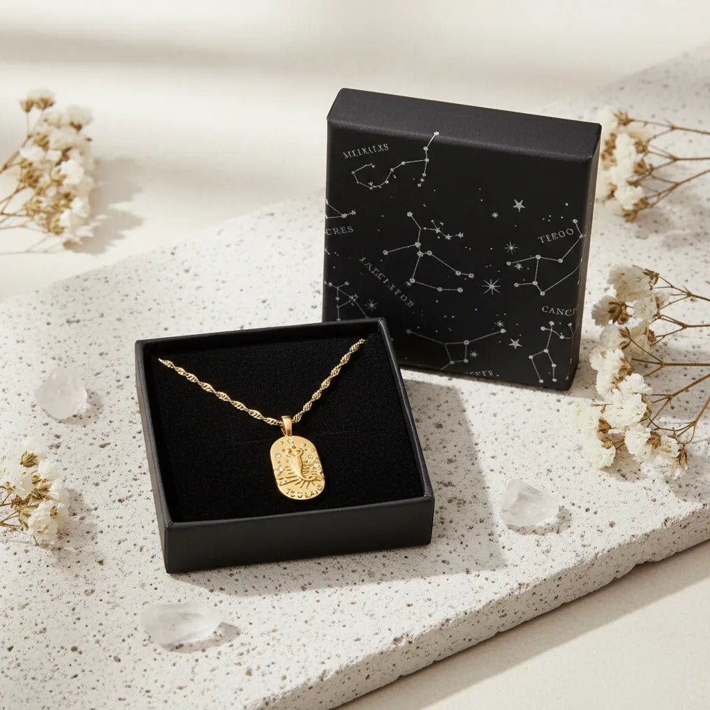 Gold necklace with a pendant next to a black box with star constellation design on a white background