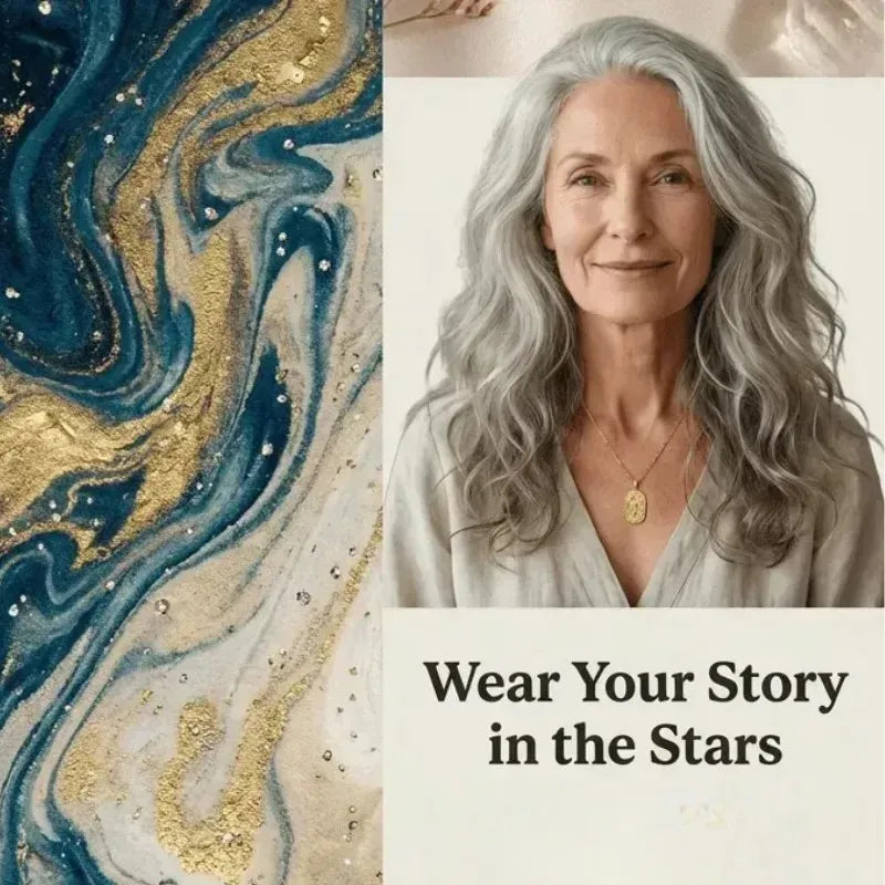 Woman with long gray hair wearing a gold necklace against a starry night sky and swirling blue and gold pattern.