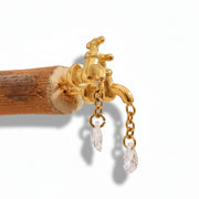 gold faucet drop earrings with water droplets on a branch — spiritual symbol jewelry for abundance