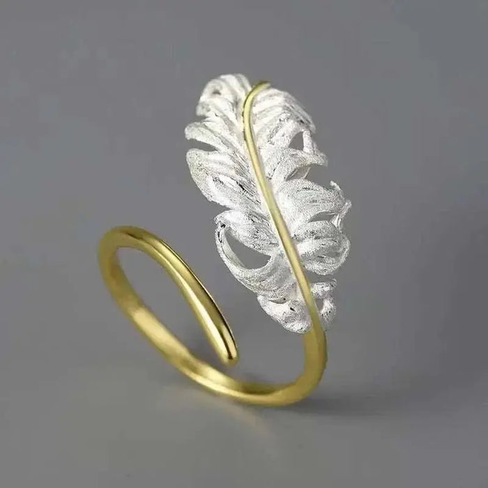 Adjustable Sterling Silver Feather Ring with Gold Plating for Mixed Metal Elegance - Mystic Soul Jewelry