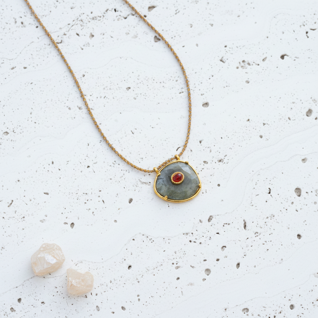 Close-up of the textured gold frame and off-centre red accent stone