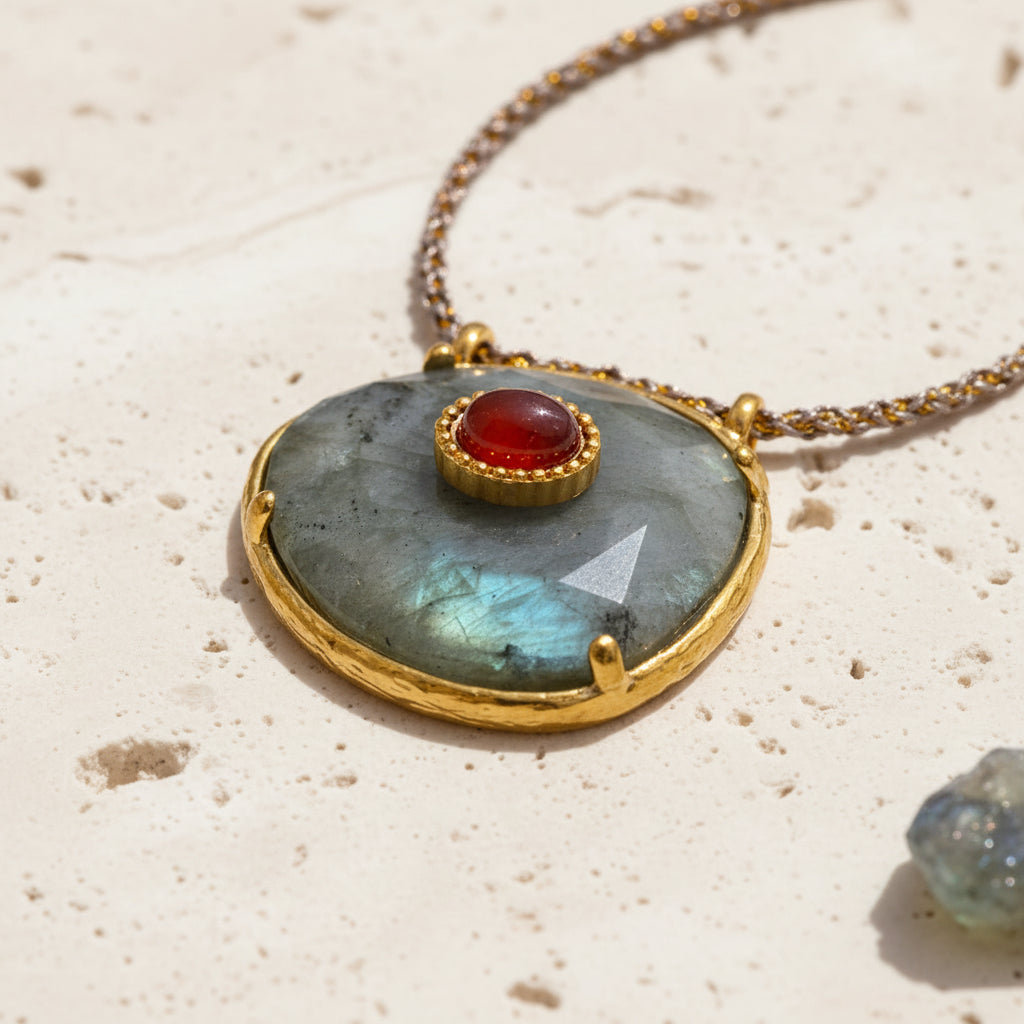 Agate pendant in an asymmetrical gold frame with a red accent stone, on a rope chain