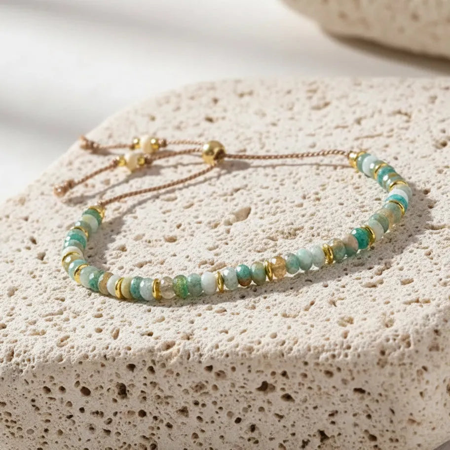 Dainty faceted amazonite bead bracelet on beige silk cord with gold 
