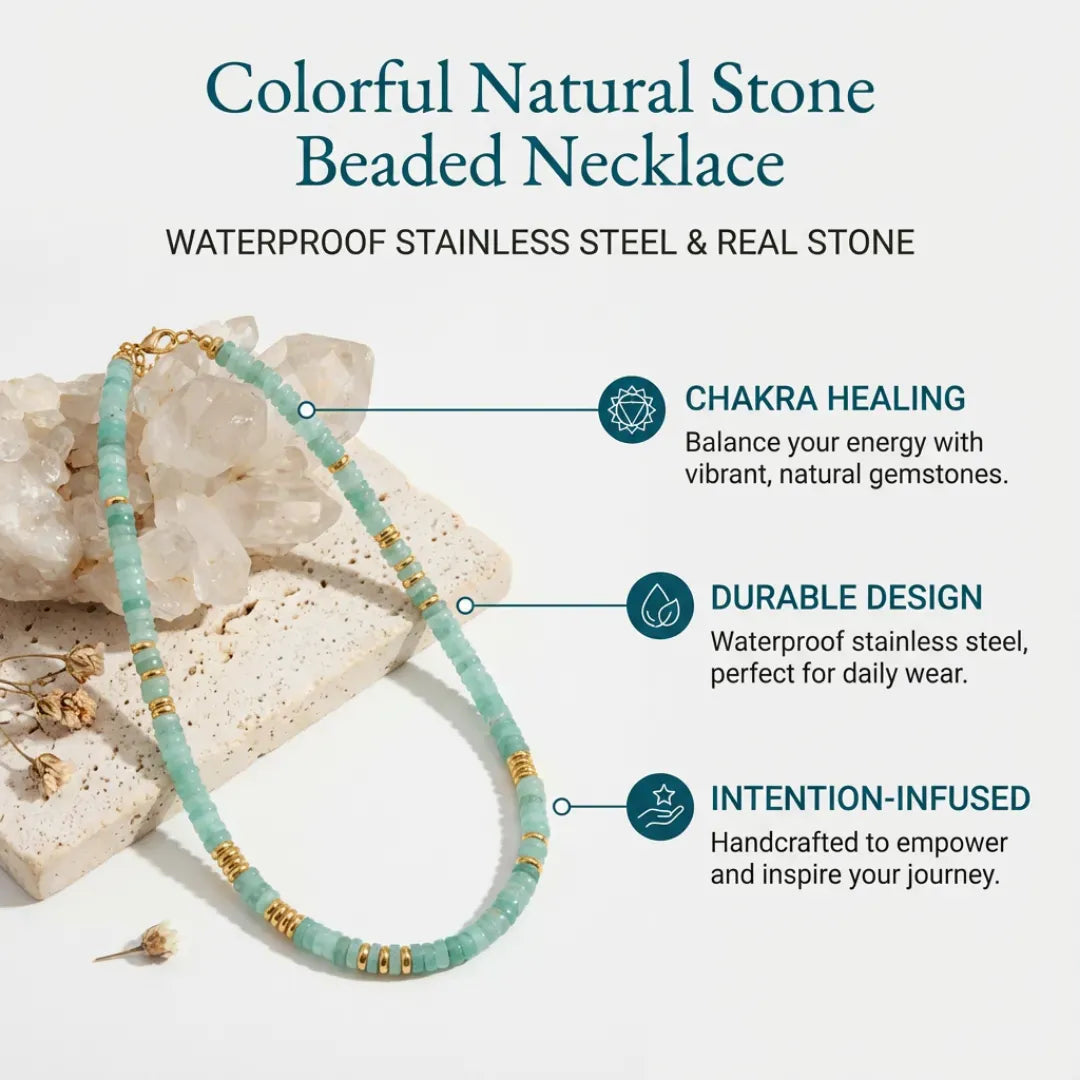 Colorful natural stone beaded necklace with product features on a white background