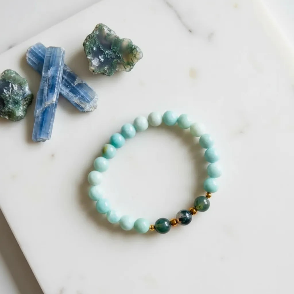 Faceted amazonite and moss agate stretch bracelet, one-of-a-kind