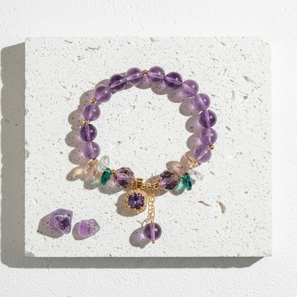 Faceted purple amethyst stretch bracelet on the wrist, February birthstone jewelry