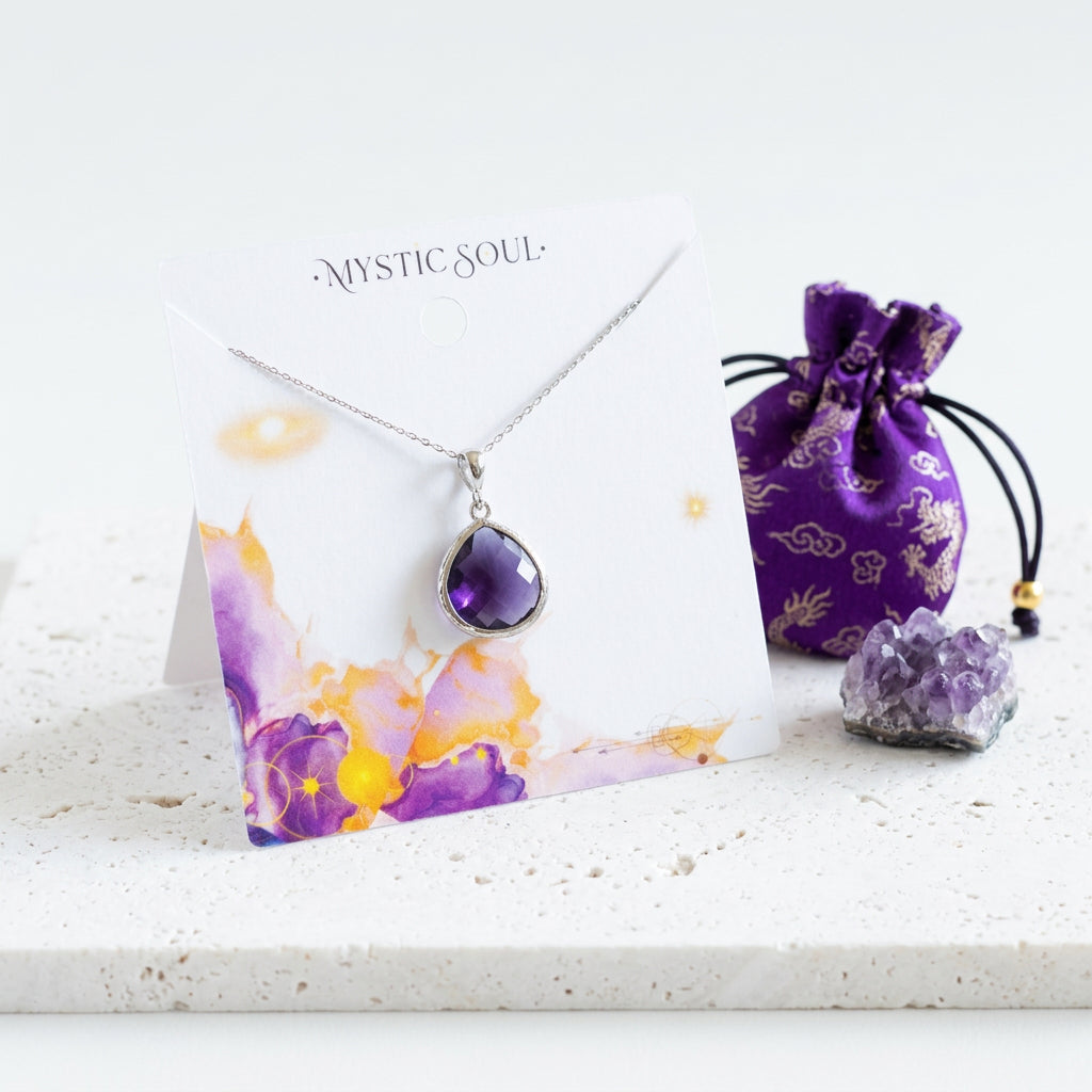 Gold amethyst purple faceted glass Elegant Pebble necklace with Mystic Soul gift tag and satin pouch