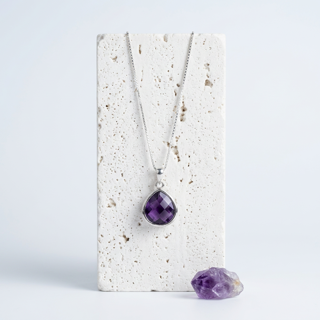 Silver Elegant Pebble necklace with amethyst purple faceted glass pendant, February birthstone colour