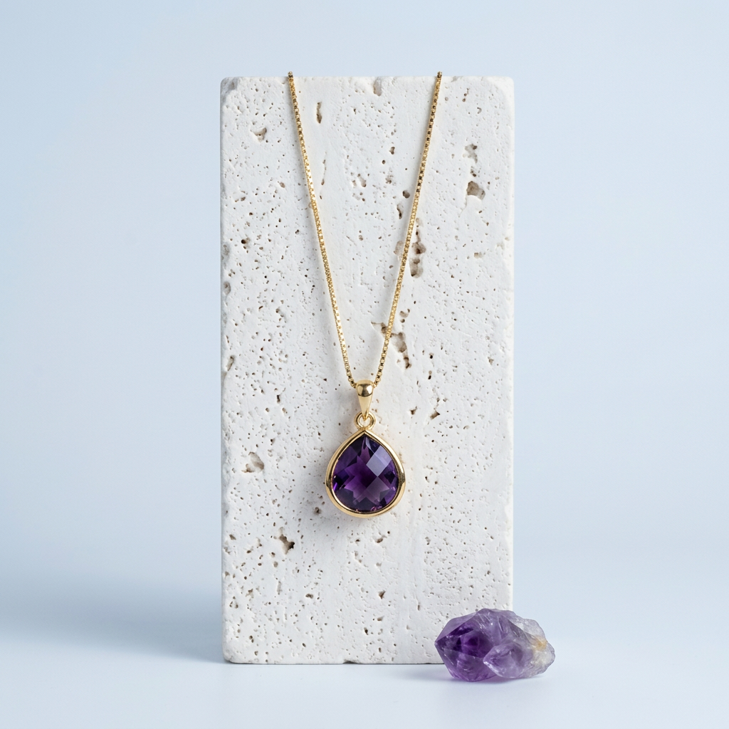 Silver Elegant Pebble necklace with amethyst purple faceted glass pendant, close-up of the faceted pebble