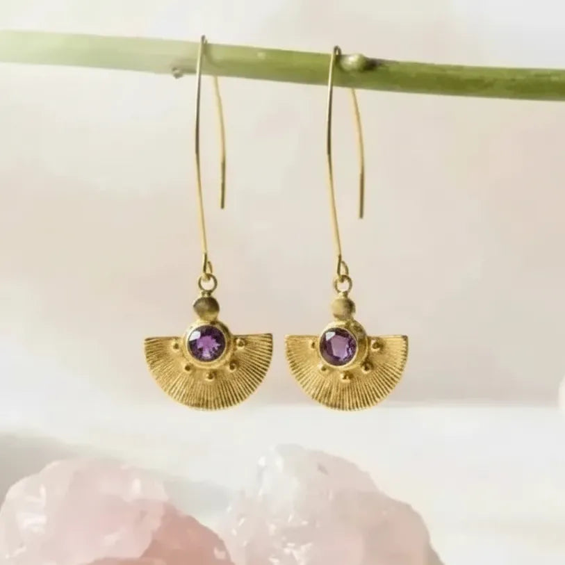 Rose Quartz or Amethyst Medallion Earrings | Sunshine Drop | February Birthstone