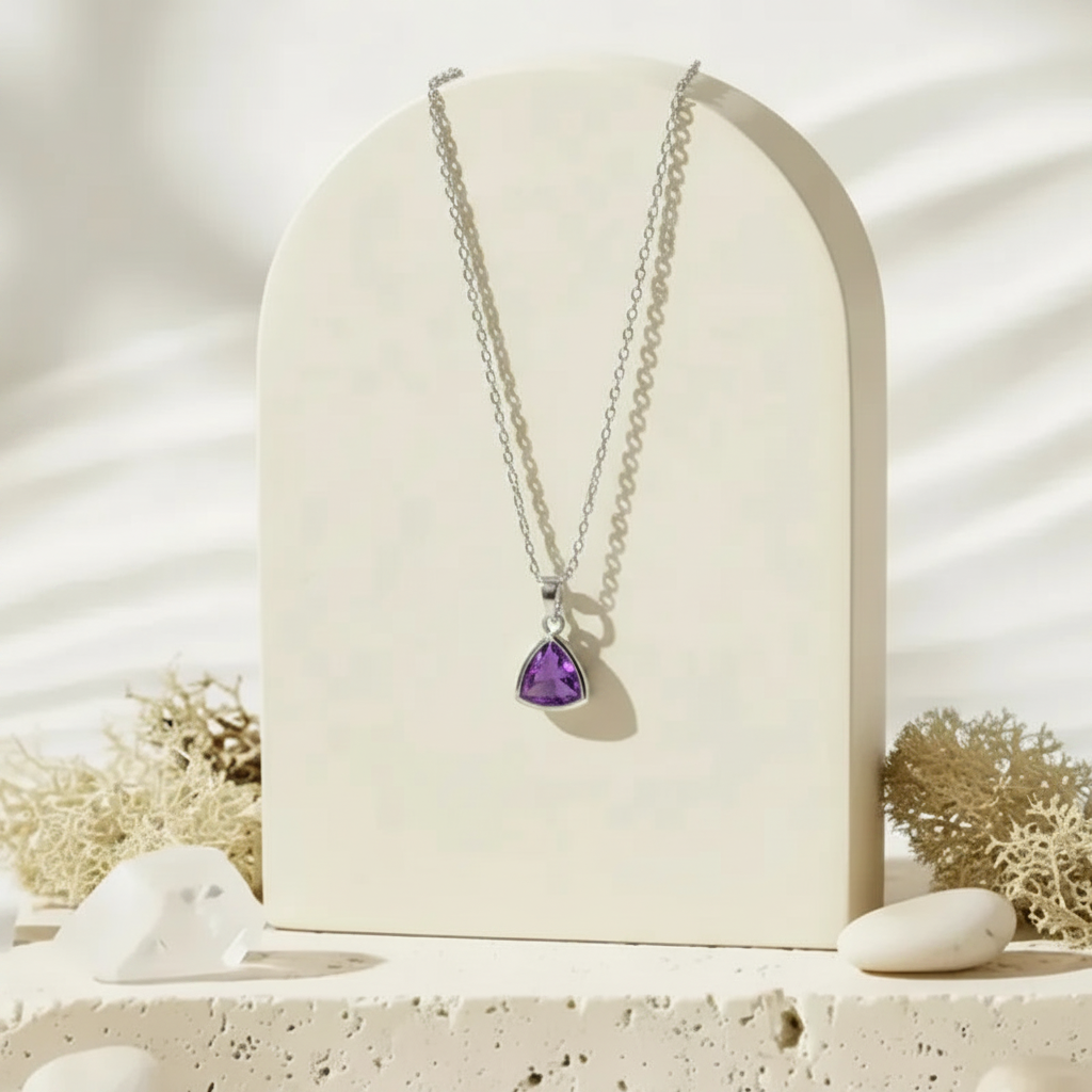 Silver Aria necklace with amethyst purple glass triangle pendant, February birthstone jewelry