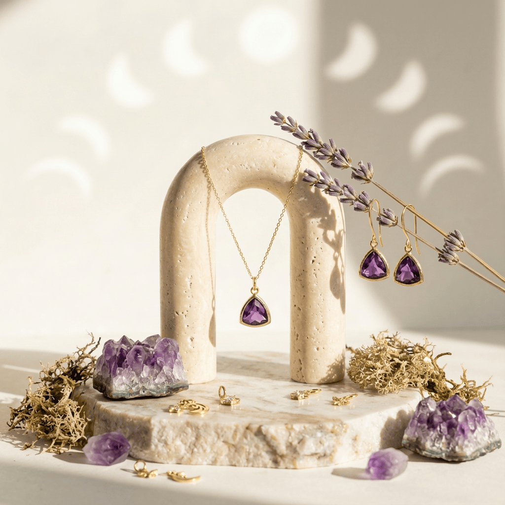 Jewelry set with purple gemstones on a decorative stand with lavender and crystals.