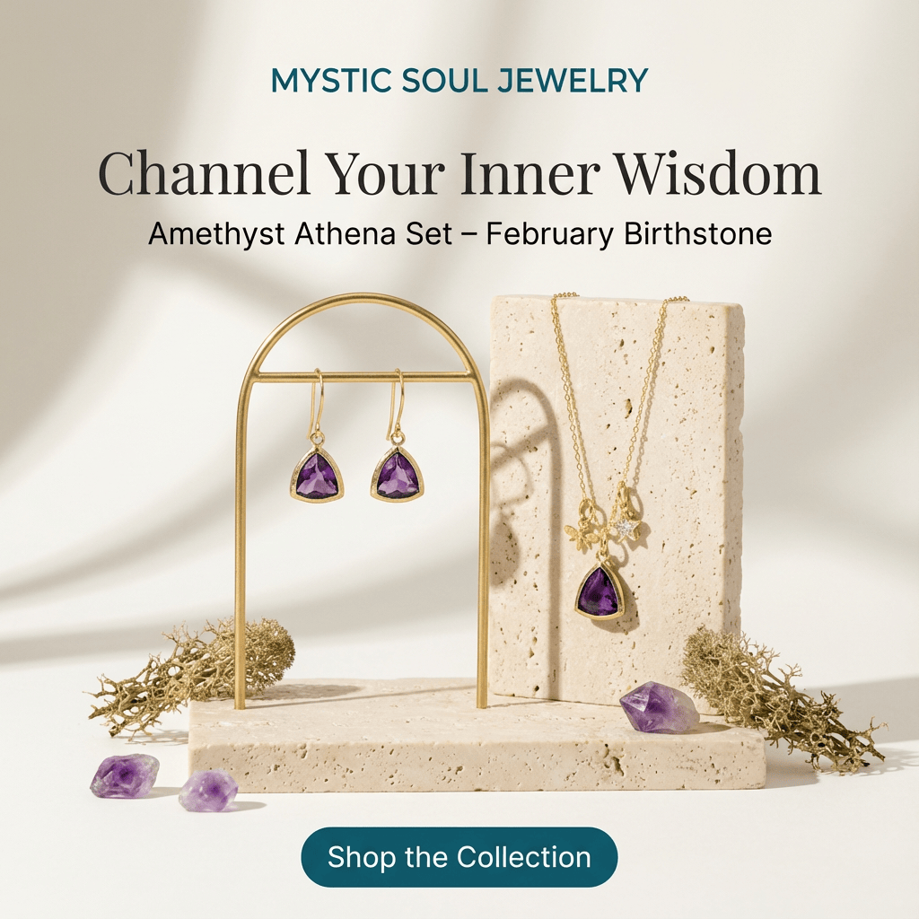 Jewelry set with amethyst stones on a display stand, featuring 'Mystic Soul Jewelry' branding.