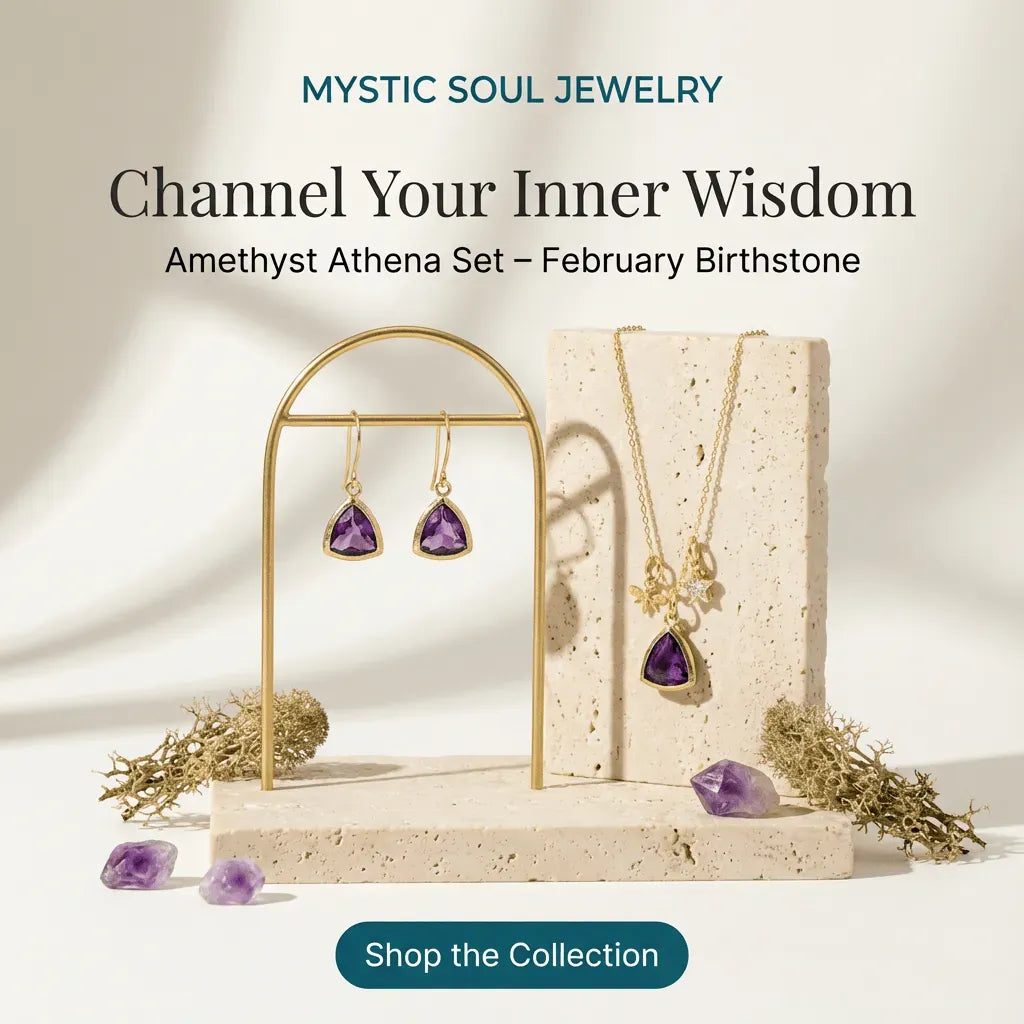 Jewelry set with amethyst stones on a display stand, featuring 'Mystic Soul Jewelry' branding.