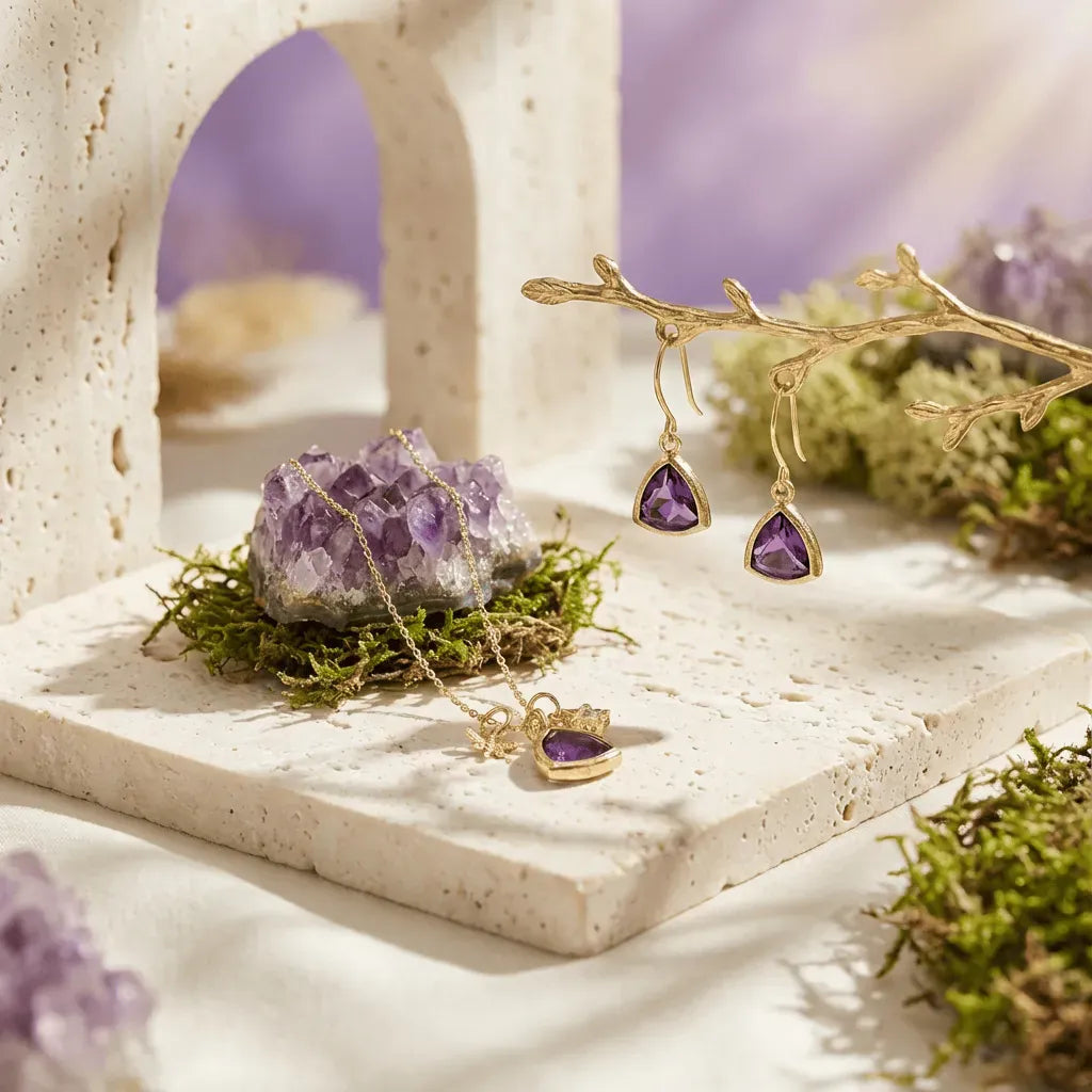 Jewelry set with purple gemstones on a natural stone surface with a blurred purple background