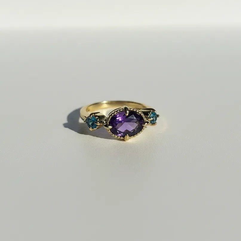 One-of-a-kind amethyst and blue topaz ring in gold plated sterling silver, size 7