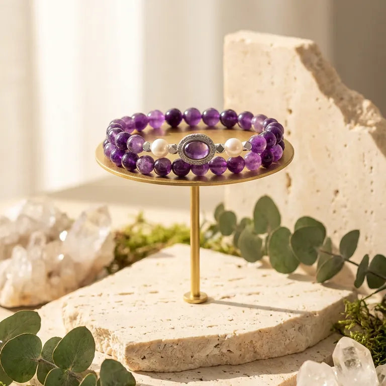 Amethyst beaded bracelet set with silver accents, February birthstone jewelry