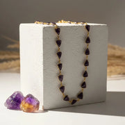 Natural amethyst shield-cut gemstone chain necklace hanging full length, February birthstone jewelry