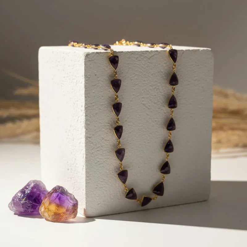 Natural amethyst shield-cut gemstone chain necklace hanging full length, February birthstone jewelry