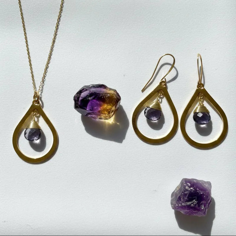 Thick amethyst drop necklace with the matching bold amethyst earrings, February birthstone jewelry