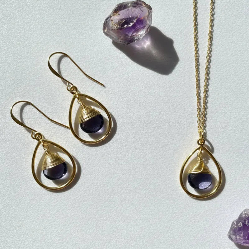 Thin amethyst drop necklace with the matching amethyst fine hoop earrings, February birthstone jewelry
