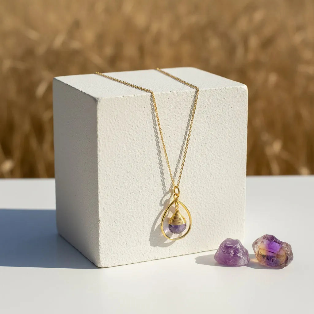 Genuine faceted amethyst drop necklace hanging on a gold chain