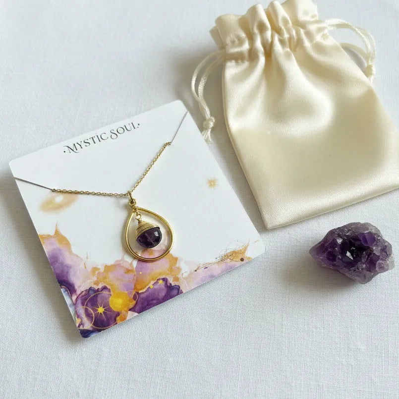Thin genuine amethyst drop necklace presented on a gift card