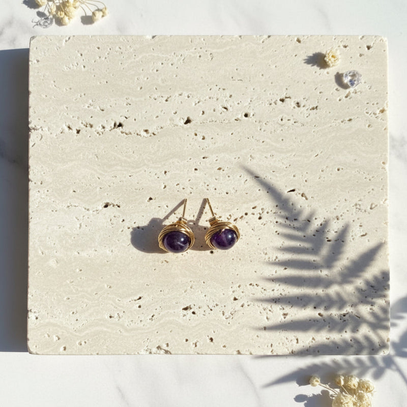Pair of genuine amethyst stud earrings in gold with nickel-free posts