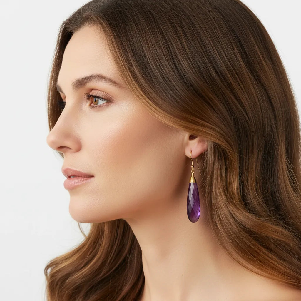 Amethyst drop earrings in gold, February birthstone jewelry