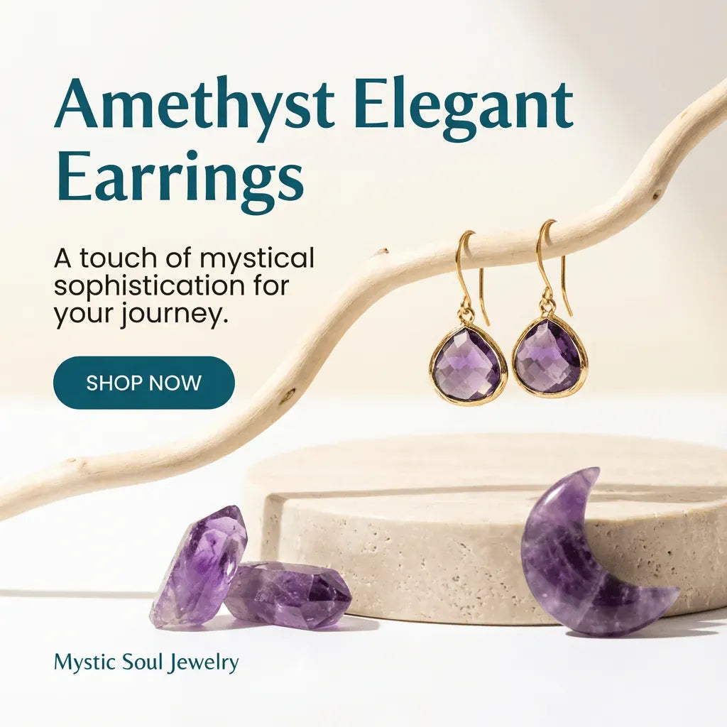Amethyst earrings on a natural wood branch with amethyst stones, featuring 'Mystic Soul Jewelry' branding.
