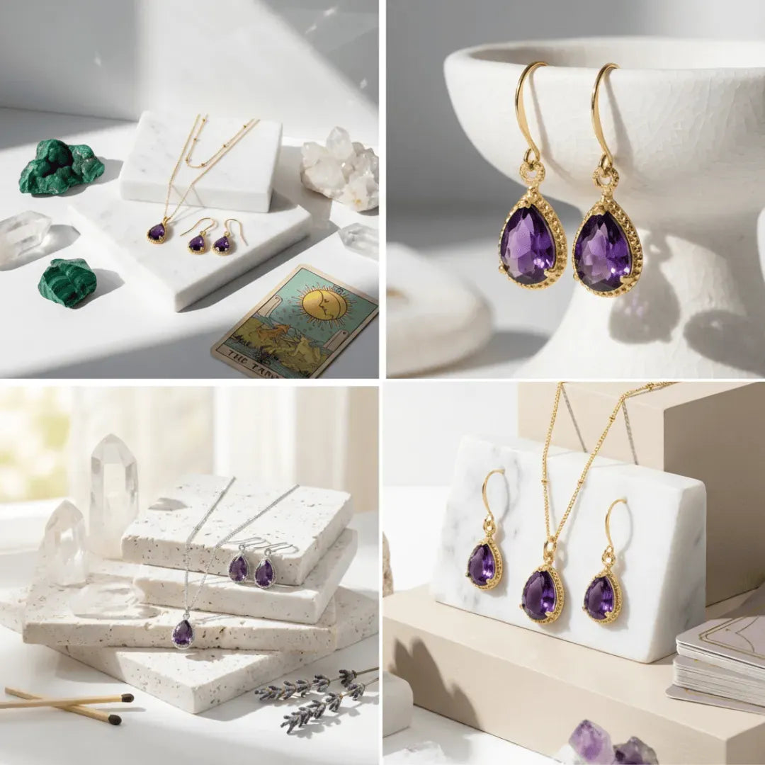 Collage of gold and purple gemstone jewelry on white and marble stands.