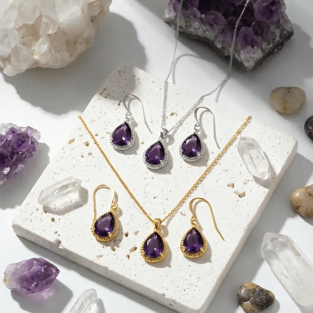 Jewelry set with purple gemstones on a stone surface with crystals around