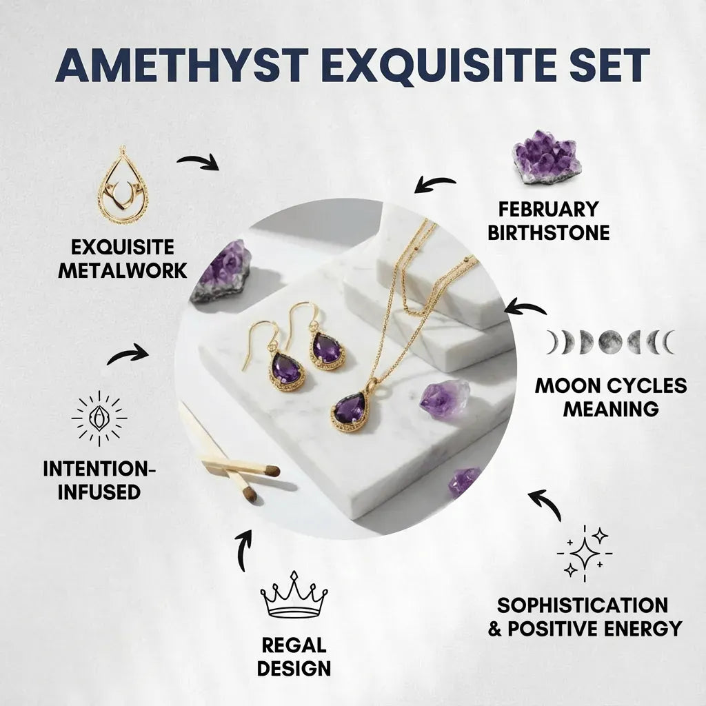 Amethyst jewelry set with descriptive text on a white background