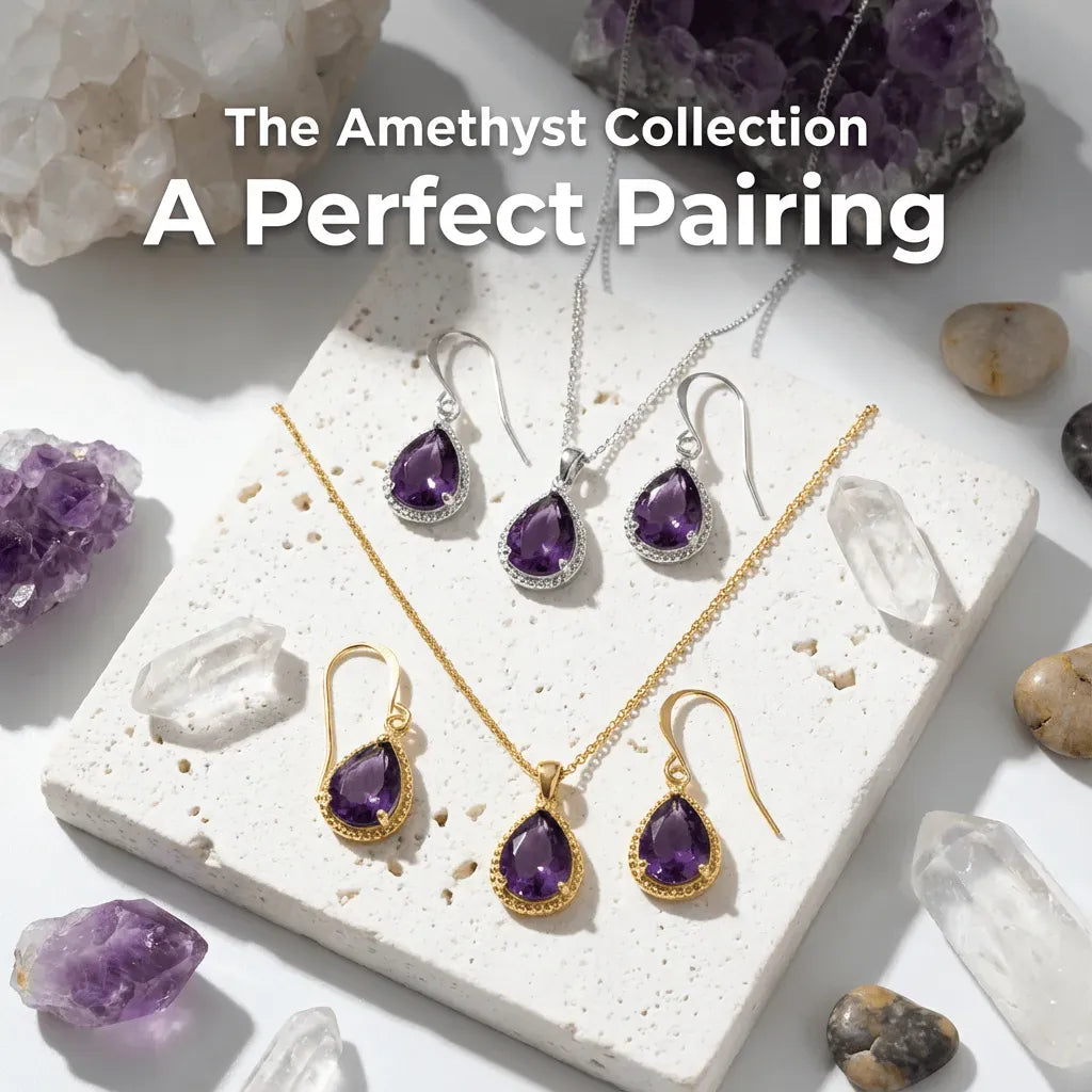 Amethyst jewelry collection with necklaces, earrings, and a pendant on a stone surface with amethyst stones.