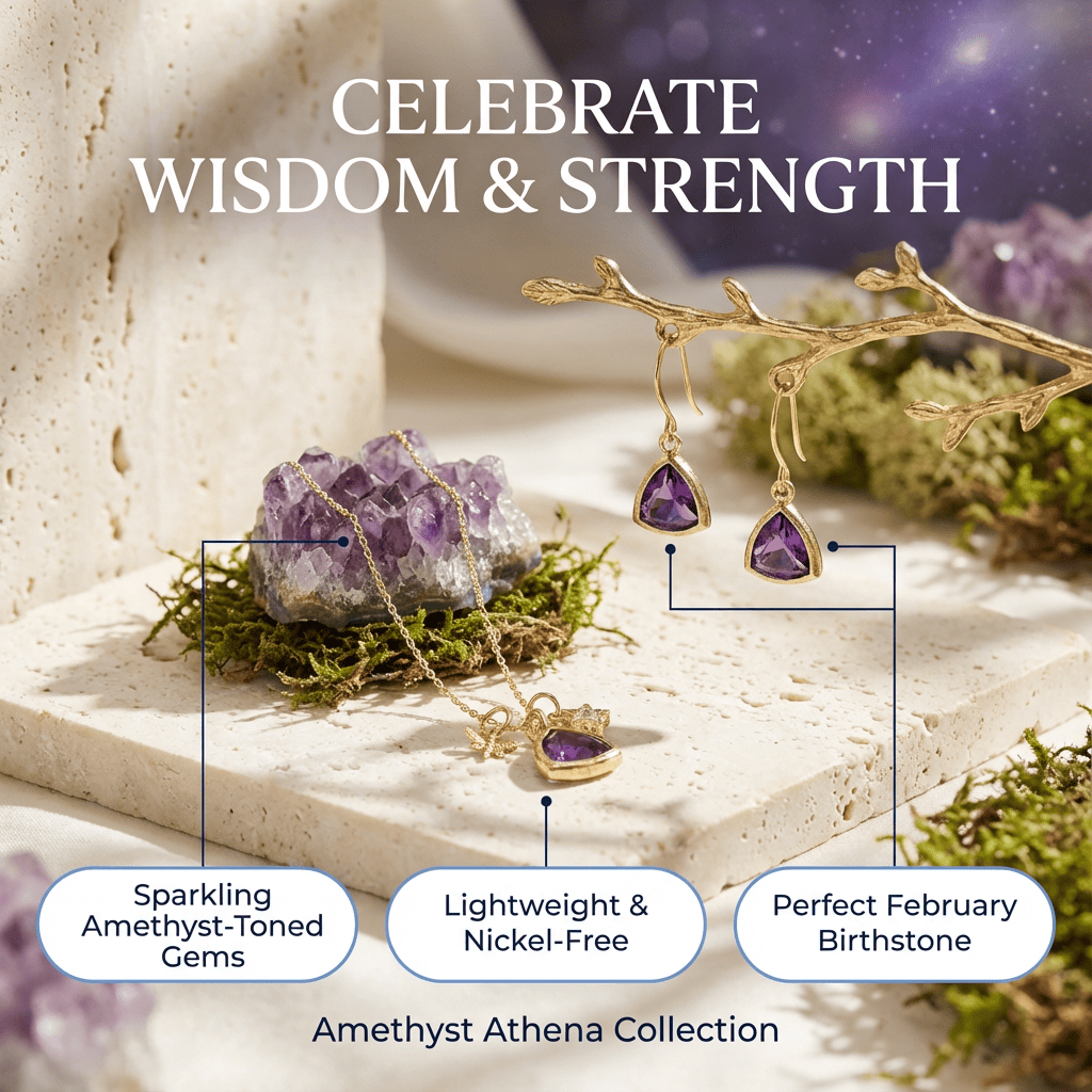 Jewelry set with amethyst-toned gems on a natural stone surface with text highlighting features.