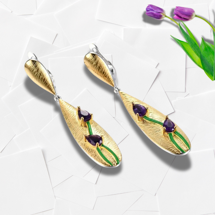 Elegant Brushed Gold Tulip Earrings with Faceted Amethyst - Gold Plated Sterling Silver