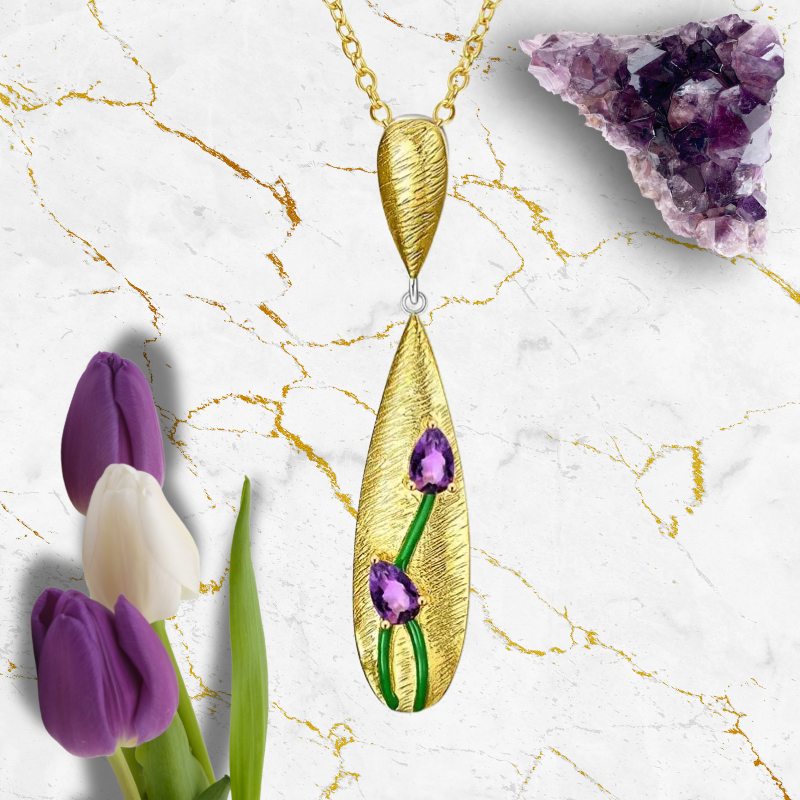 Elegant Brushed Gold Tulip Pendant Necklace with Faceted Amethyst - Gold Plated Sterling Silver