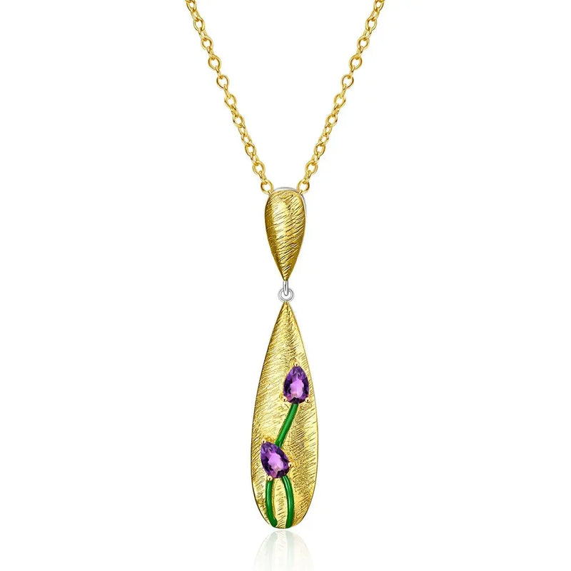 Elegant Brushed Gold Tulip Pendant Necklace with Faceted Amethyst - Gold Plated Sterling Silver