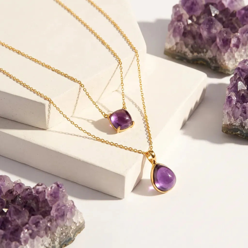 Gold necklaces with purple gemstones on a white surface with amethyst crystals.