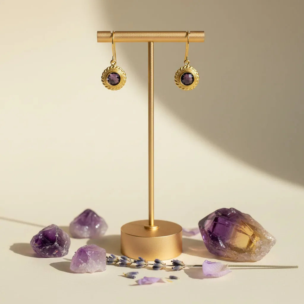 Amethyst Halo drop earrings with purple hydro quartz in etched gold, February birthstone jewelry