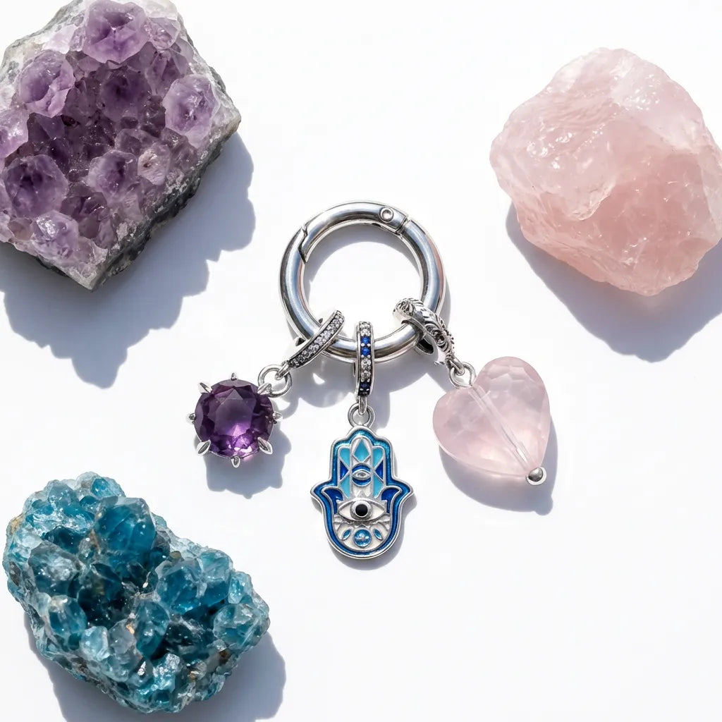 Keychain with charms on a white background with crystals