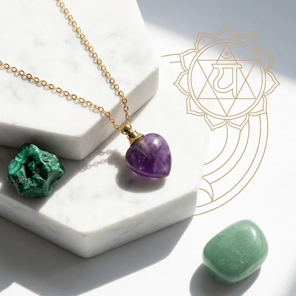 Necklace with purple heart-shaped pendant and green stone on white surface, with a gold symbol in the corner.