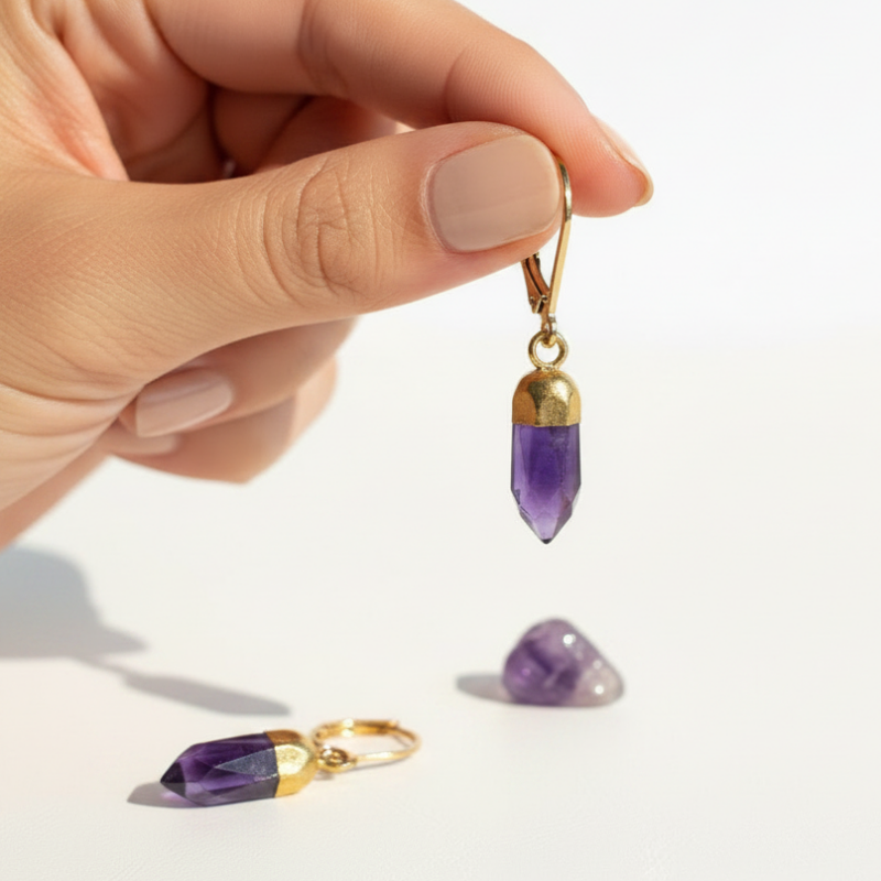 Amethyst hexagon leverback earrings held in hand, 8mm undyed stone
